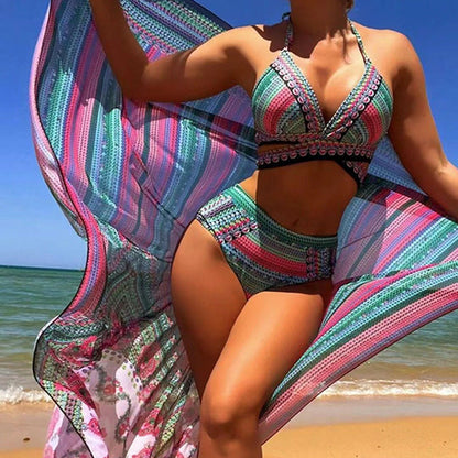 Andi - Dreiteiliger Bikini-Strandbadeanzug mit Kreuzträgern und hoher Taille