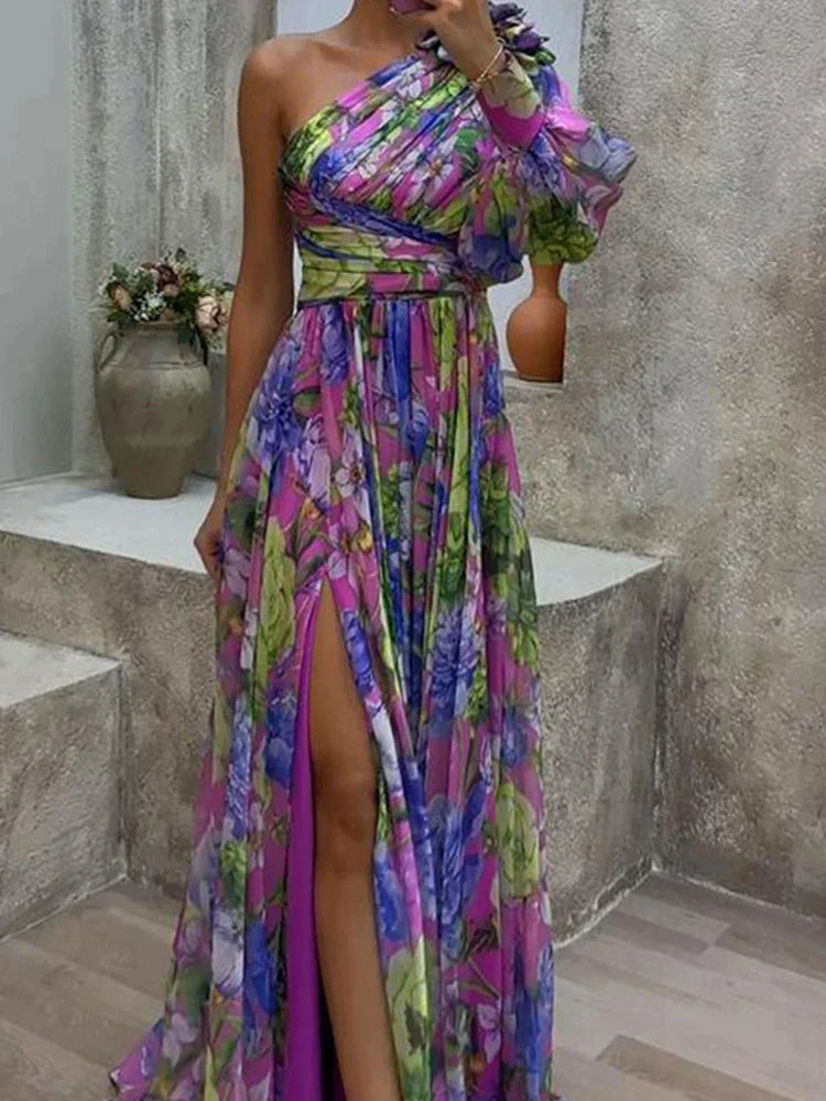 Lilac -  Lila Druck Seite Schlitz ein Ärmel Sexy Maxikleid