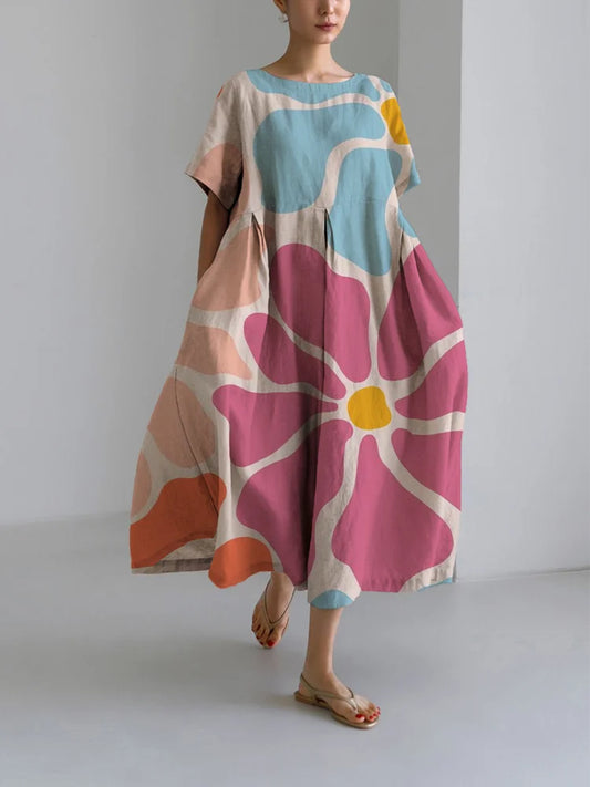 Fely - Lässiges lockeres Damenkleid mit Rundhalsausschnitt und Blumenmuster
