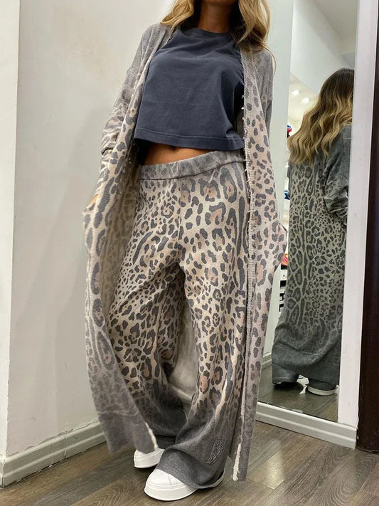 Janice - Leopard Print Tasche lange Ärmel Strickjacke und elastische Taille Hose Set