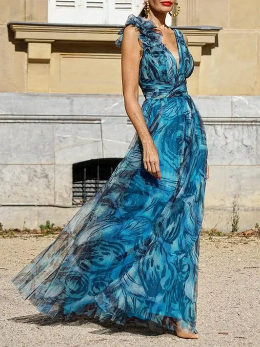 Debie - Bohemian Resort Style Pfauenblau Langes Kleid
