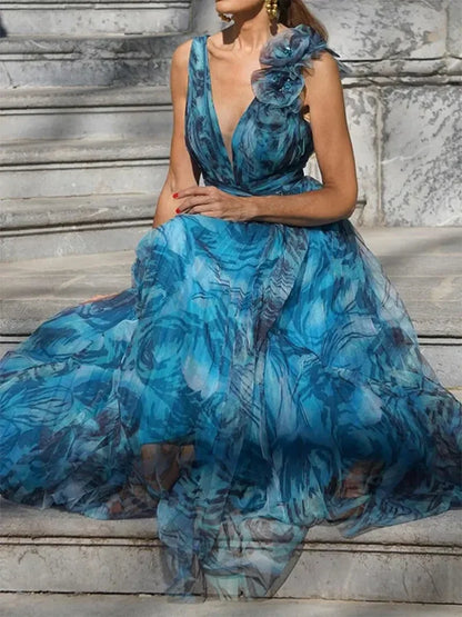Debie - Bohemian Resort Style Pfauenblau Langes Kleid