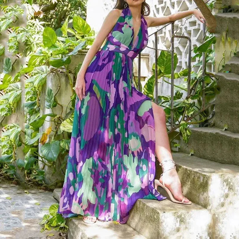 Eleana -Elegantes ärmelloses rückenfreies V-Ausschnitt-Maxikleid mit geschlitztem Faltenwurf und angeschnittener Taille